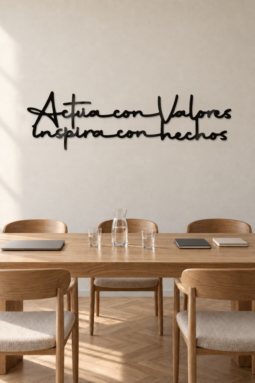 Cuadro Actúa con valores, inspira con hechos de metal negro en una sala de reuniones con mesa larga de roble