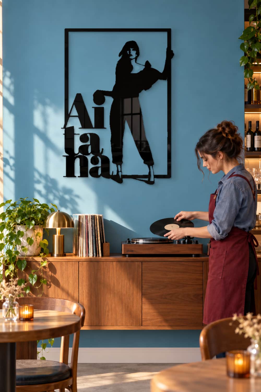 Aitana: cuadro calado junto a una barista que prepara un vinilo en el café-bar.