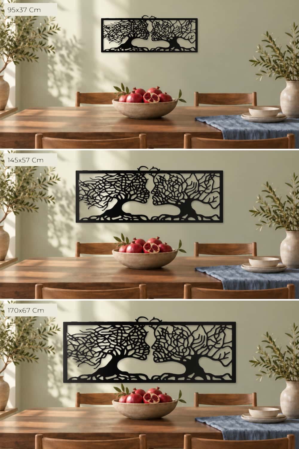 Amor De Raíz: comparativa de tamaños 95x37 Cm, 145x57 Cm y 170x67 Cm.