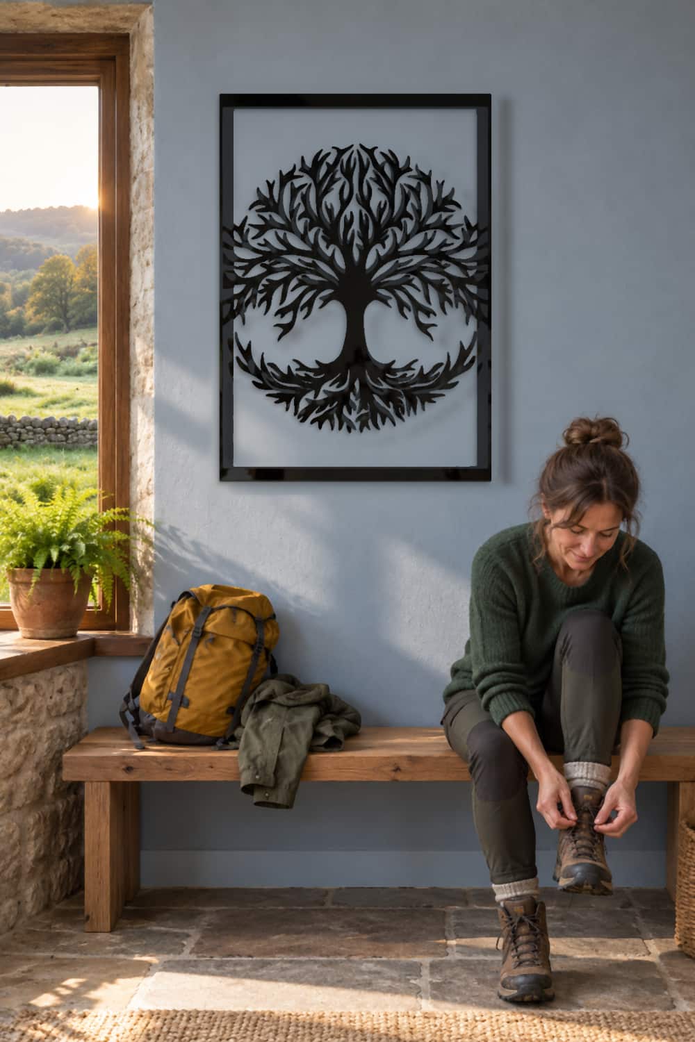 Árbol de la vida junto a una mujer que prepara sus botas para caminar