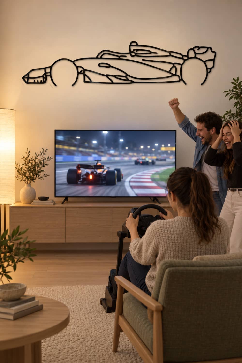 Aston Martin F1 AMR23 en sala de juegos con amigos y simulador de carreras