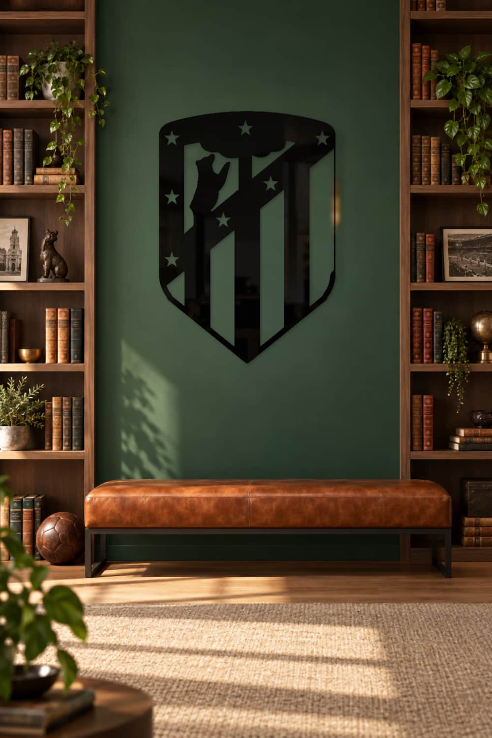 At Mad Original · biblioteca verde con banco de cuero