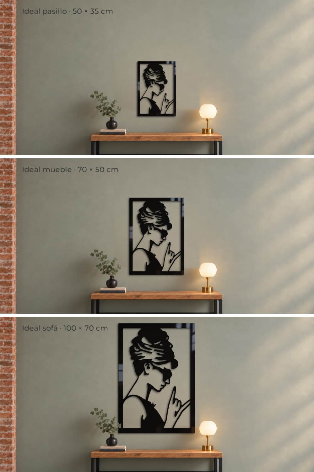 Medidas del cuadro Audrey Hepburn: 50x35, 70x50 y 100x70 cm sobre una consola de 120 cm