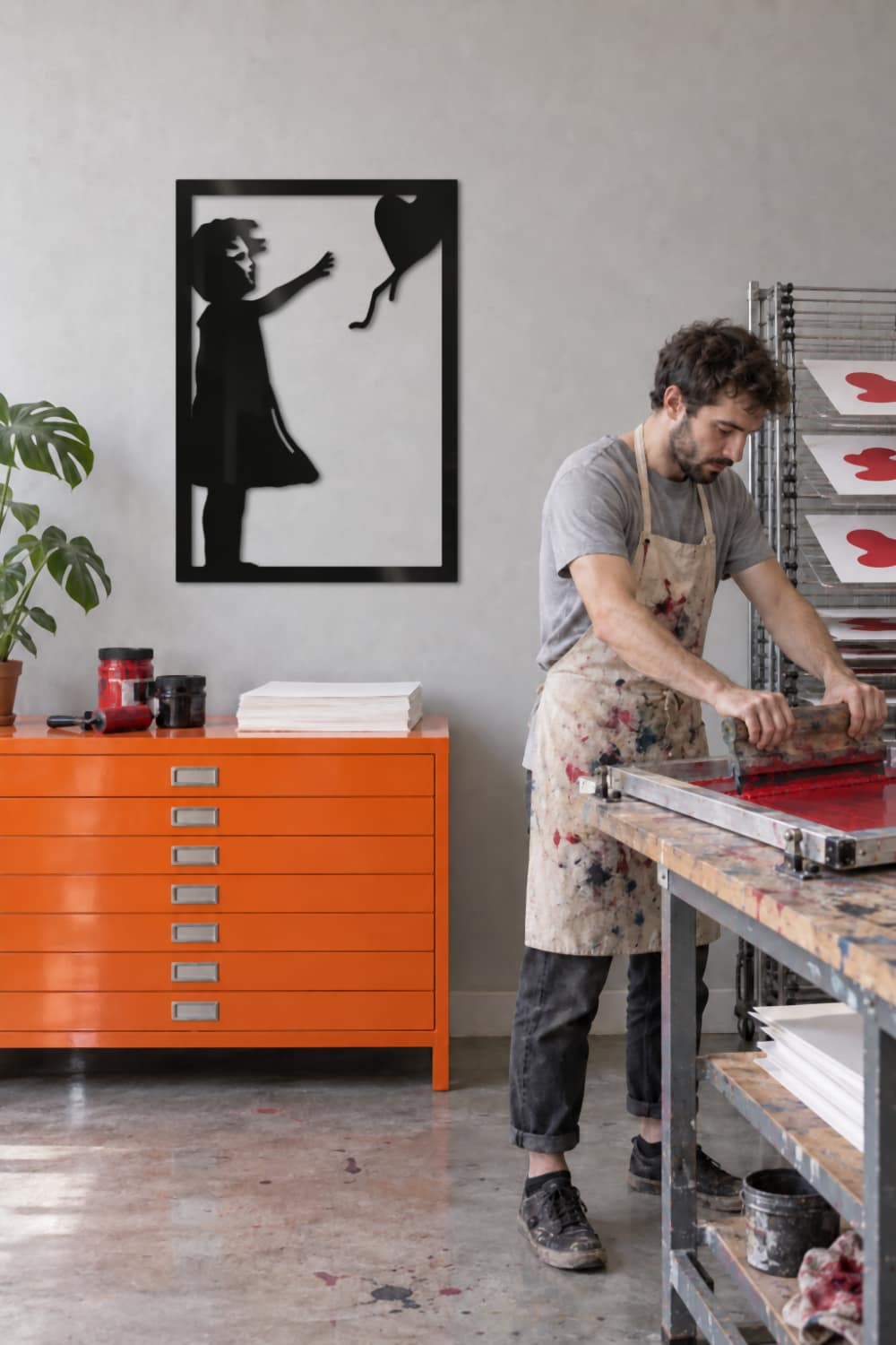 Banksy Culture en estudio de serigrafía con planero naranja