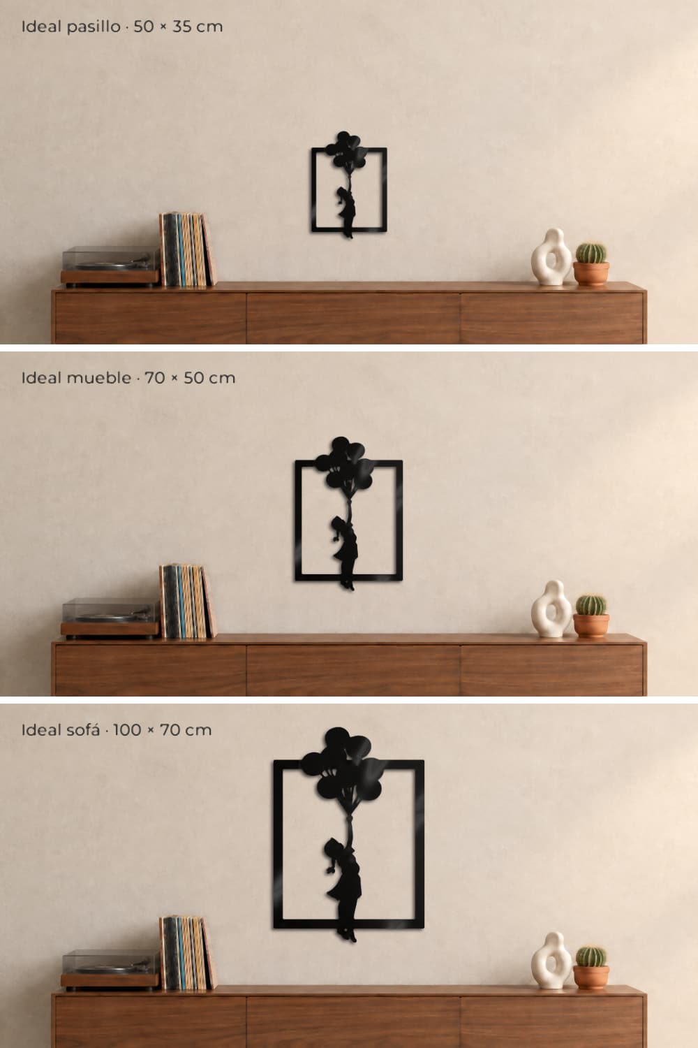 Medidas del cuadro Banksy Globs: 50×35, 70×50 y 100×70 cm sobre un aparador de nogal