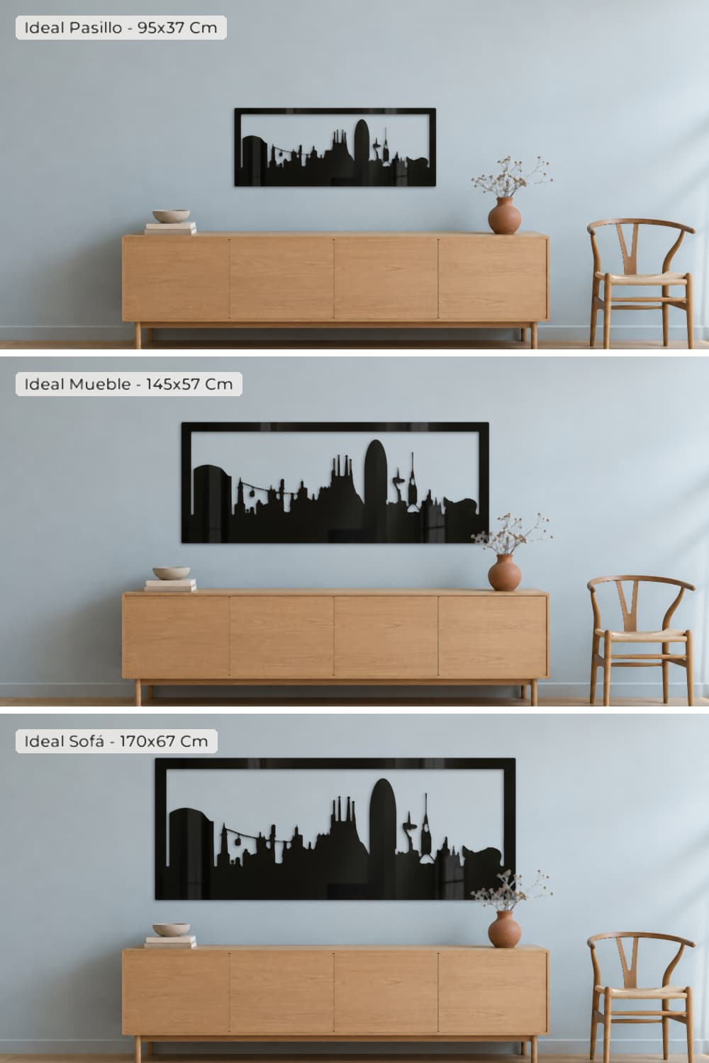 Barcelona: comparación de las medidas 95x37, 145x57 y 170x67 cm sobre el mismo aparador
