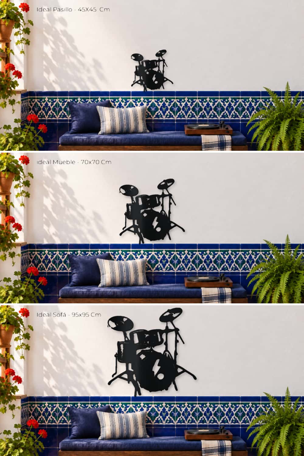 Batería de metal: comparativa de las medidas 45x45, 70x70 y 95x95 cm en la misma pared