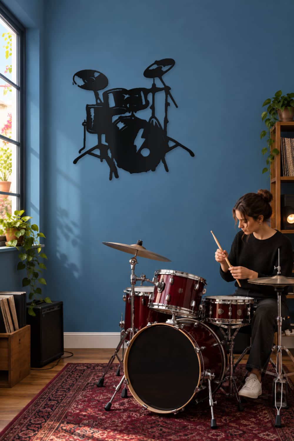 Batería de metal en habitación azul de ensayo con una baterista y luz de mañana