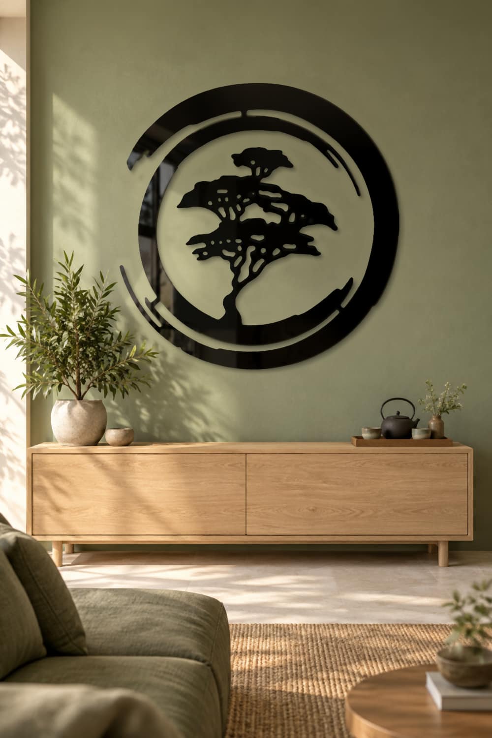 Bonsai Art de aluminio negro brillante en salón zen con roble claro y rincón de té