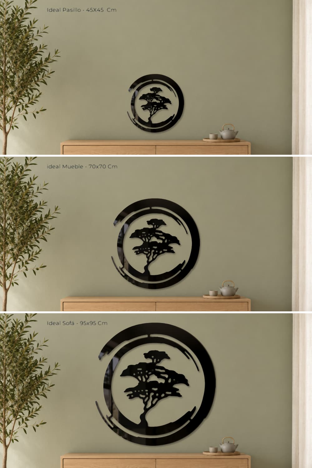 Bonsai Art: comparación de 45x45, 70x70 y 95x95 cm sobre el mismo aparador