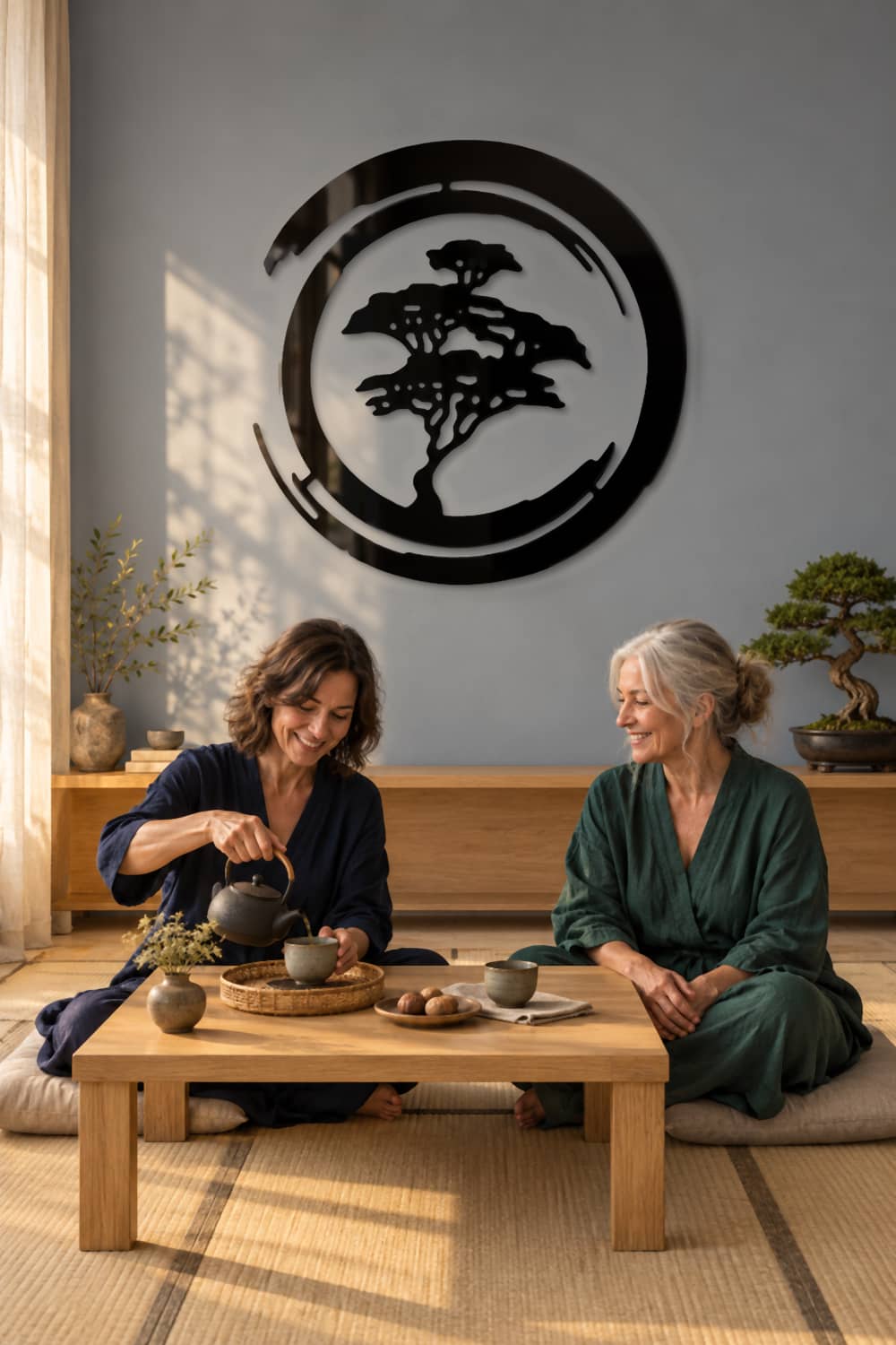 Bonsai Art en una sala de té japonesa con dos amigas adultas compartiendo una tarde tranquila