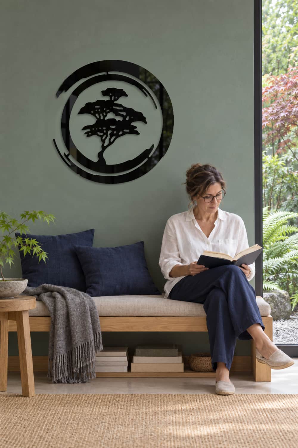 Bonsai Art en rincón de lectura con banco de roble y vistas al jardín