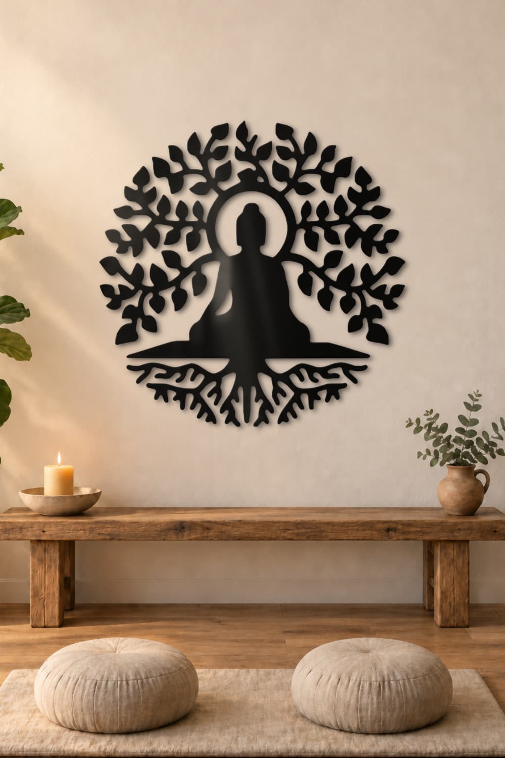 Budha De La Vida, cuadro de aluminio negro brillante en una sala de meditación con banco de roble