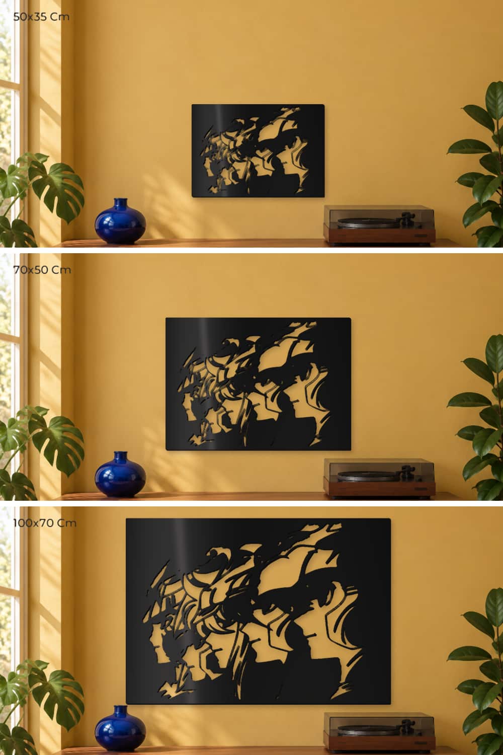 Caballeros Del Zodiaco: comparación de 50x35 Cm, 70x50 Cm y 100x70 Cm en la misma pared.