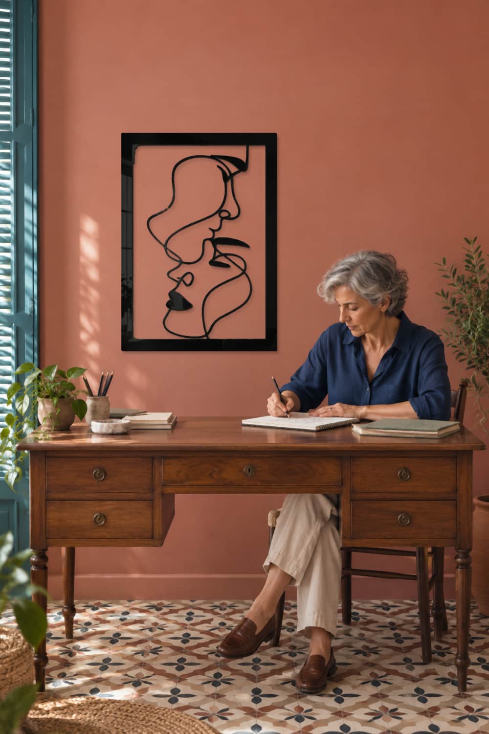 Caras en despacho terracota con una mujer dibujando junto a la ventana