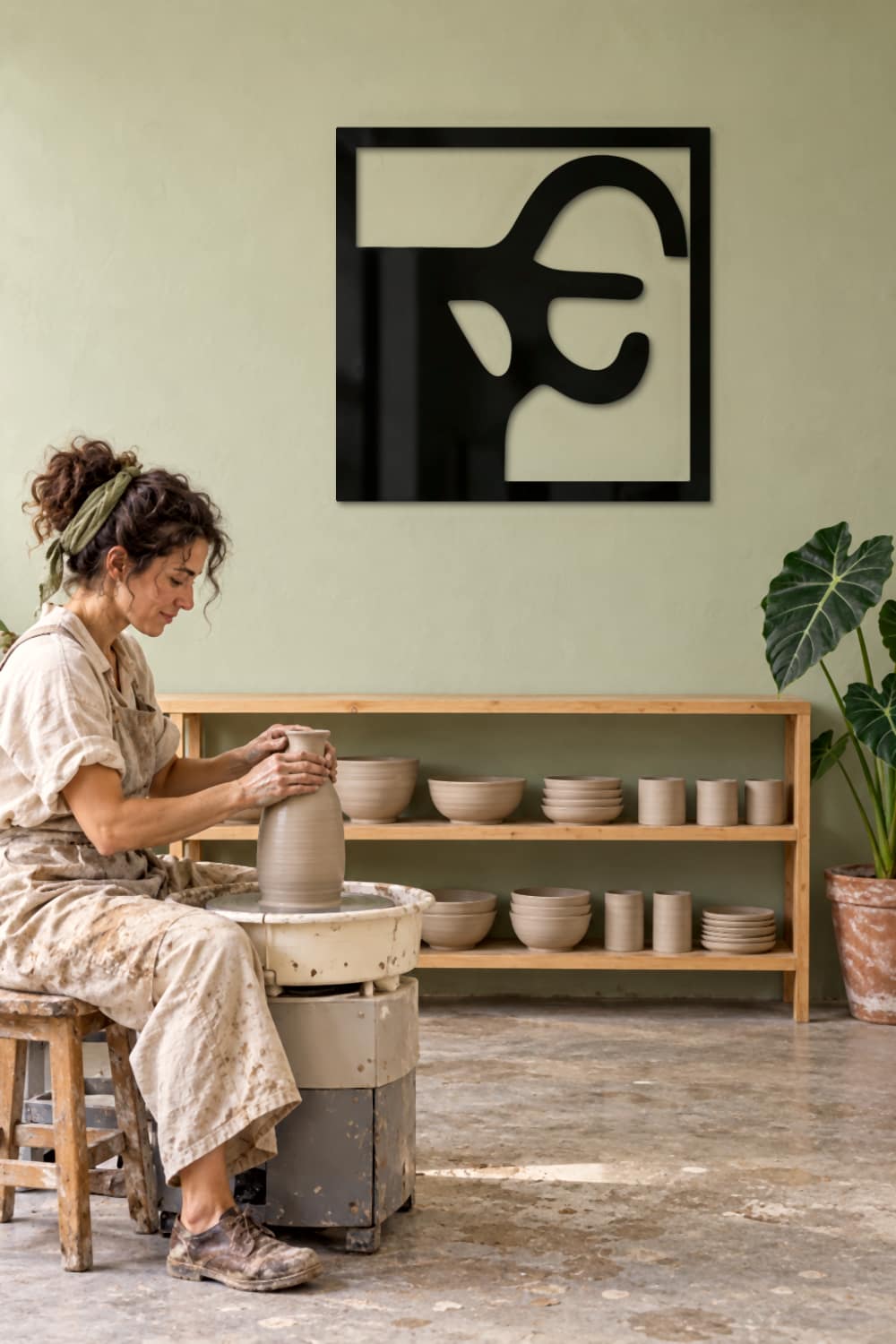 Chillida Nº 2 junto a una ceramista trabajando en su taller con plantas.
