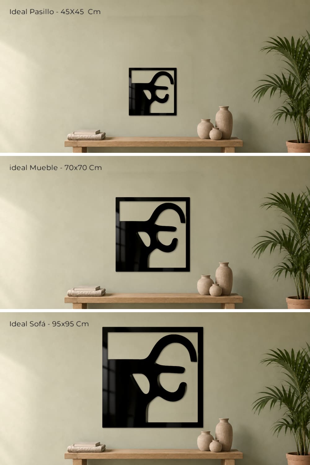 Chillida Nº 2: comparación a escala de las medidas 45 × 45, 70 × 70 y 95 × 95 cm.