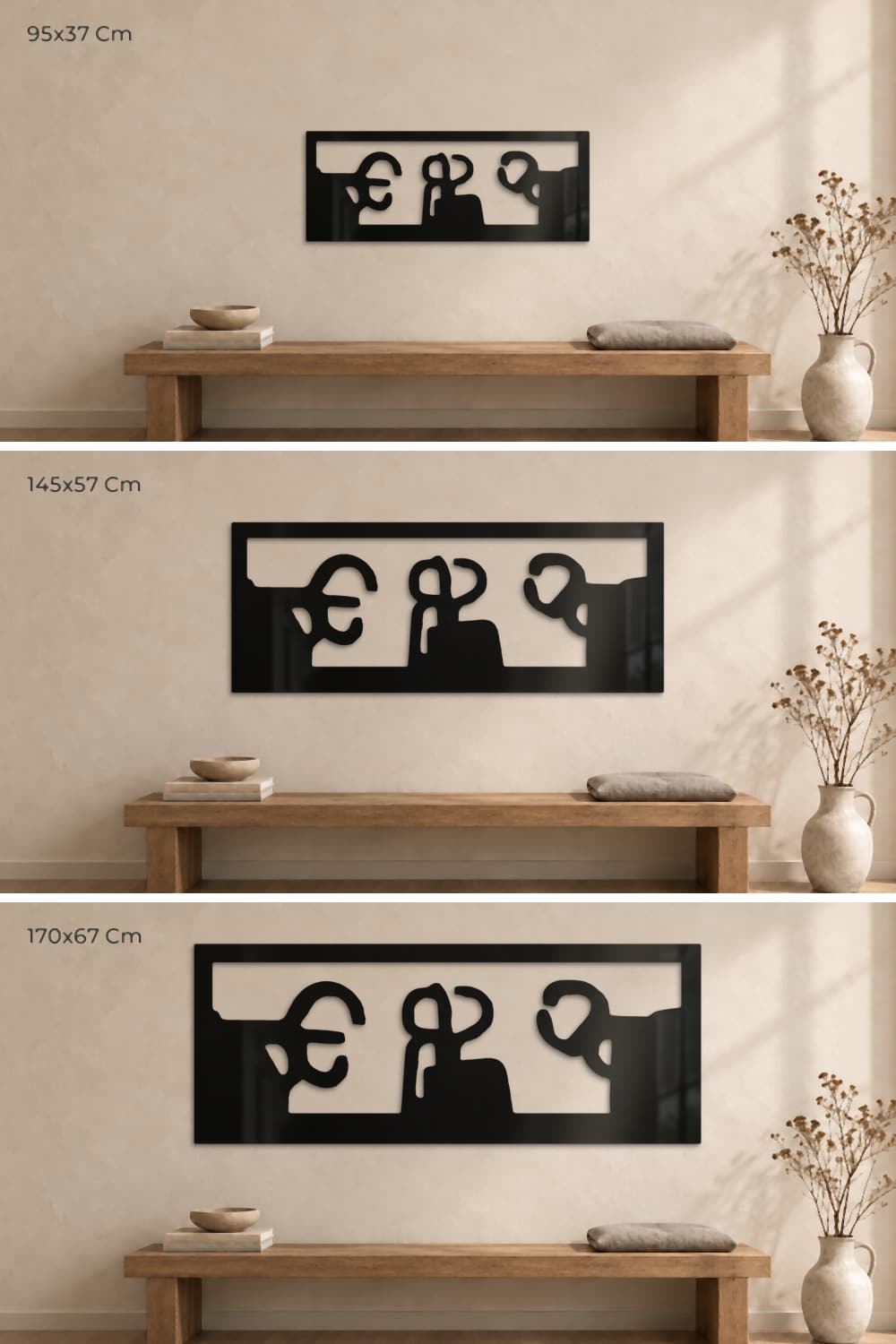 Chillida Peine de los Vientos en sus tres medidas, 95x37, 145x57 y 170x67 cm, sobre un banco de roble