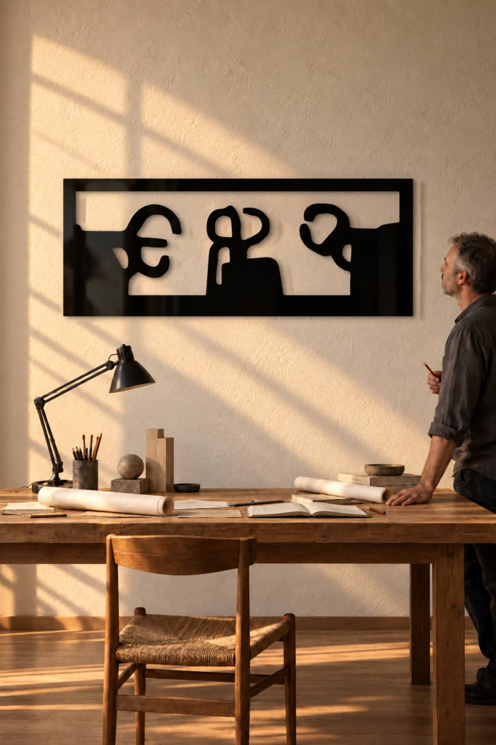 Chillida Peine de los Vientos de metal negro sobre la mesa de un estudio de arquitecto con luz de tarde