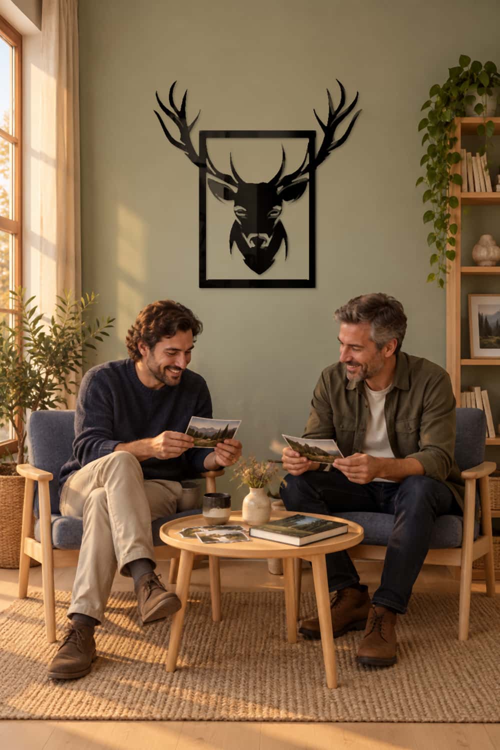 Ciervo De Oro en sala de lectura con amigos compartiendo fotografías del bosque.