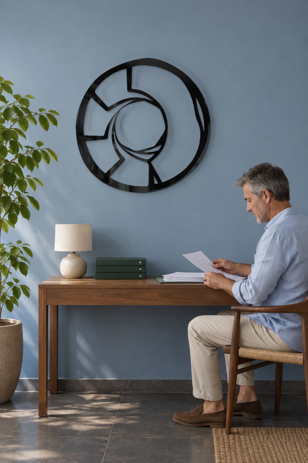 Circle de 70 cm en despacho azul con un hombre ordenando documentos