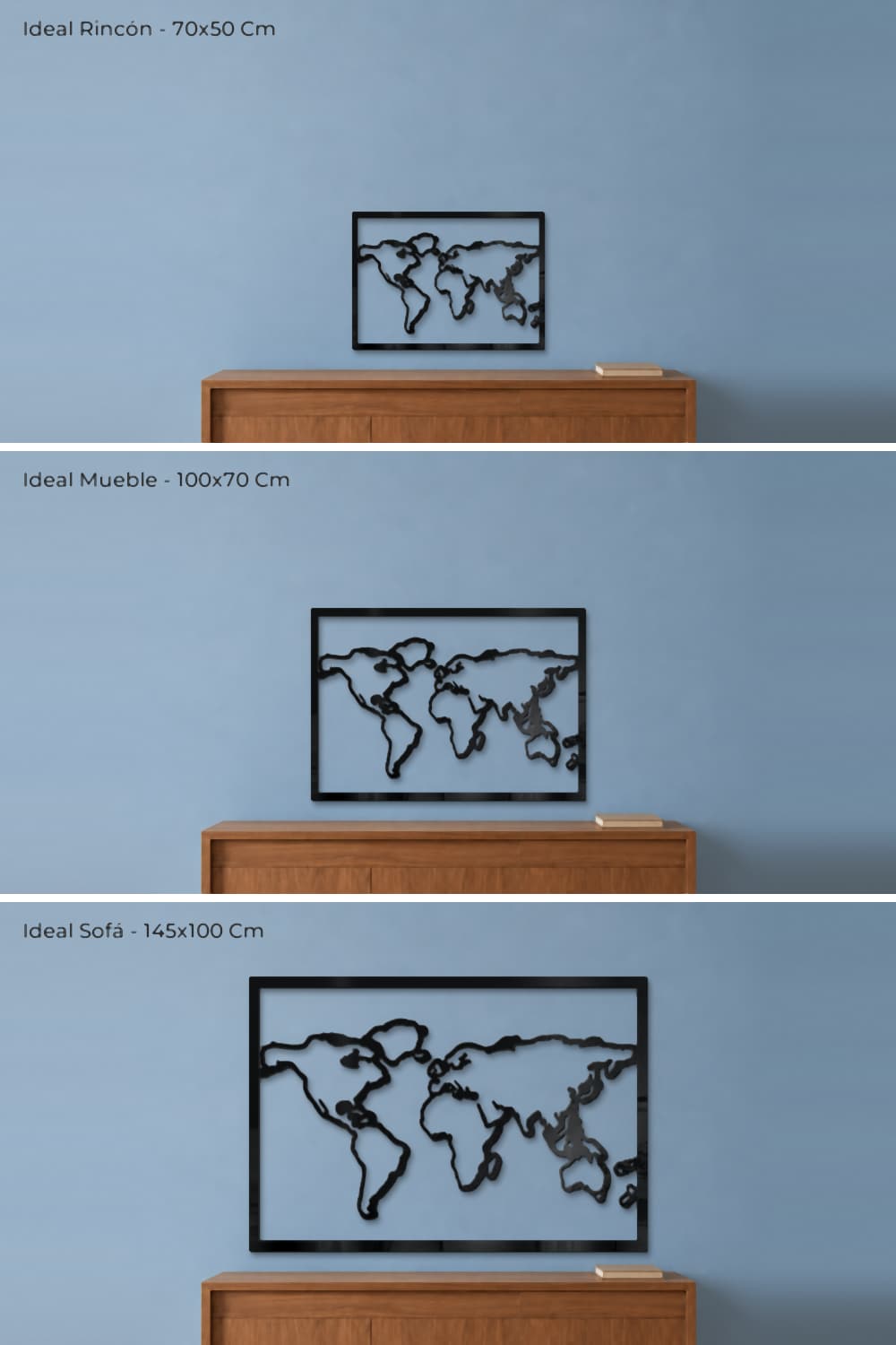 Clean Map: comparación a escala de las medidas 70x50, 100x70 y 145x100 cm