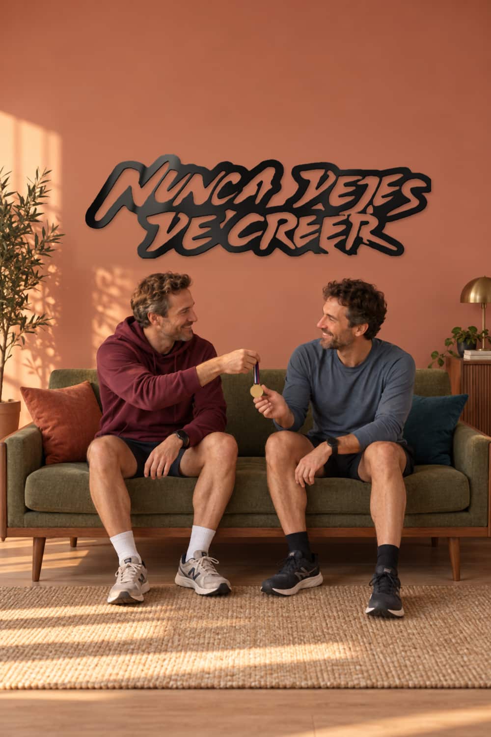 Nunca Dejes De Creer en salón terracota con amigos compartiendo una medalla