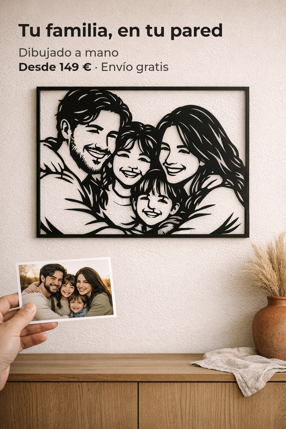 Cuadro personalizado de una familia en aluminio negro calado a partir de su foto