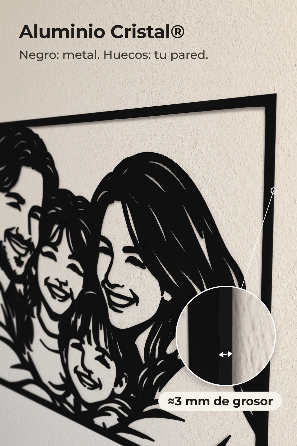 Detalle del canto de 3 mm del Aluminio Cristal® en un cuadro de familia