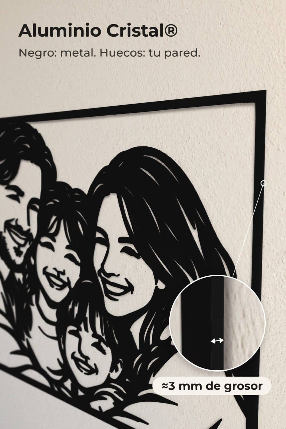Detalle del canto de 3 mm del Aluminio Cristal® en un cuadro de familia