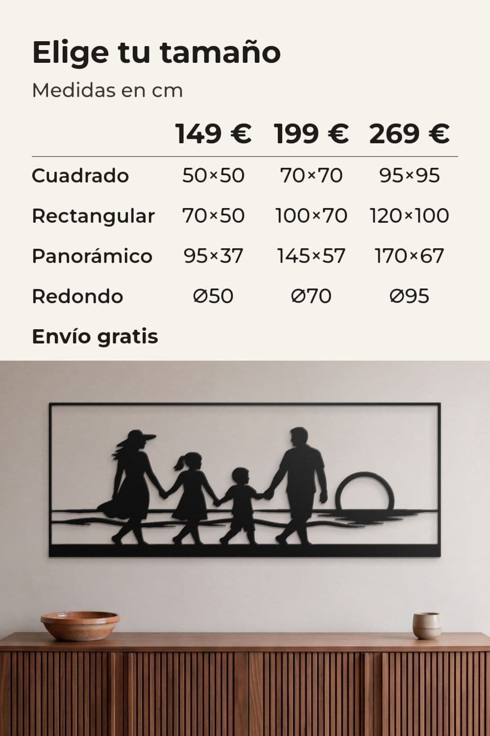 Tamaños y precios: 149 €, 199 € y 269 €; familia paseando por la playa