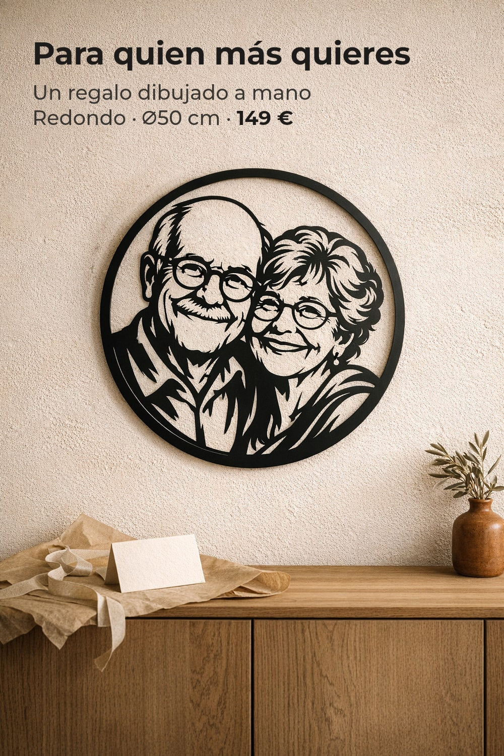 Cuadro redondo de unos abuelos para regalar, en aluminio negro