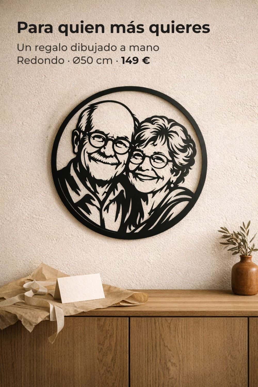 Cuadro redondo de unos abuelos para regalar, en aluminio negro