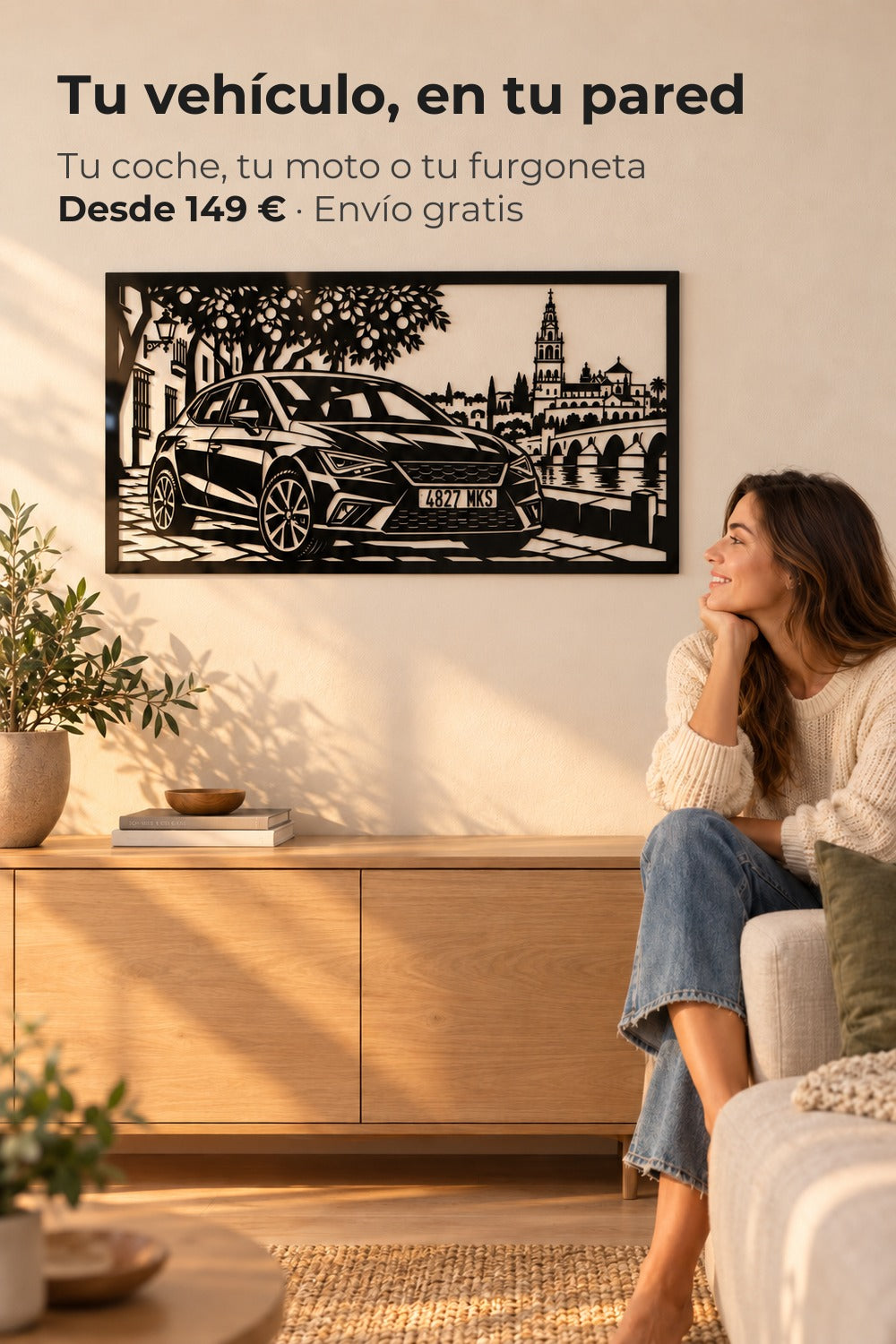 Cuadro personalizado de un SEAT Ibiza en aluminio negro, hecho al momento desde su foto, en un salón