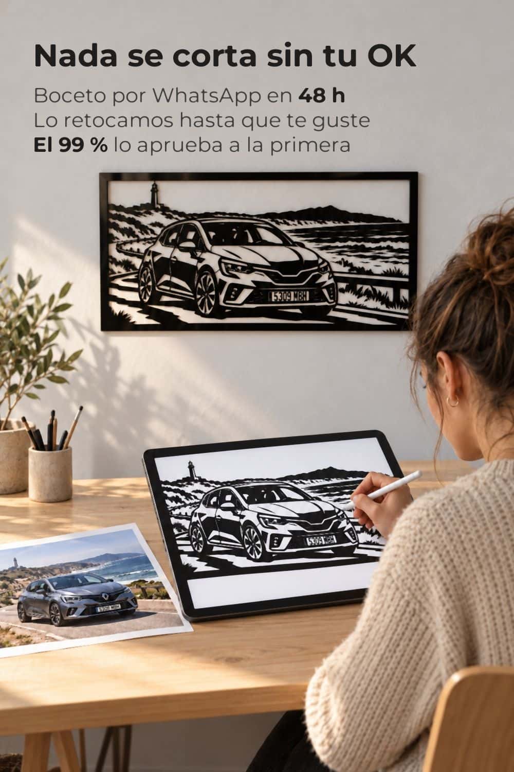 Boceto de un cuadro personalizado de un Renault Clio dibujado a mano en tableta antes de cortar