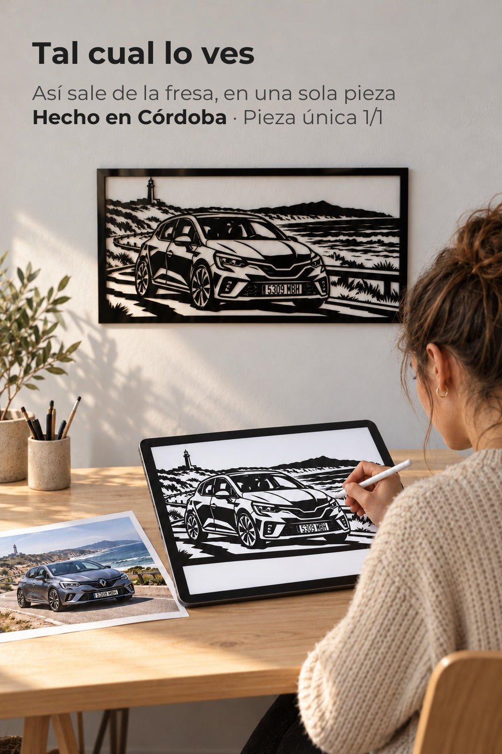 Diseño de un cuadro de un Renault Clio en una tableta, tal cual sale de la fresa, en una sola pieza