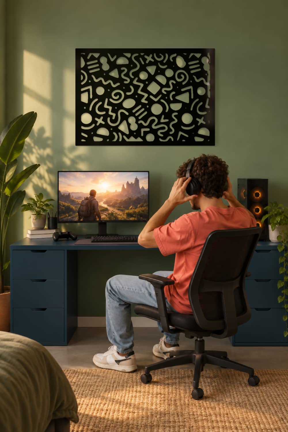 Estrambotic sobre escritorio gaming con joven poniéndose los auriculares