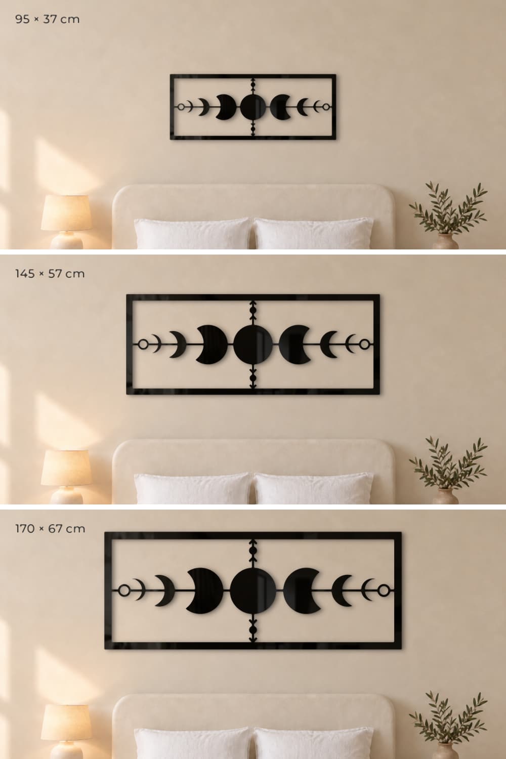 Cuadro Fases Lunares en sus tres medidas: 95 × 37, 145 × 57 y 170 × 67 cm sobre un cabecero