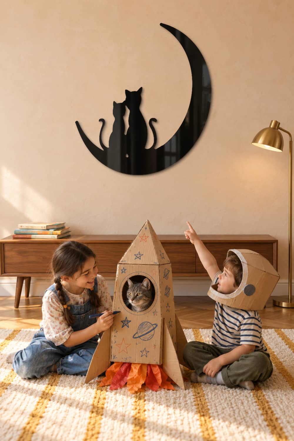 Gatos en la luna en sala de juegos con niños construyendo un cohete de cartón.