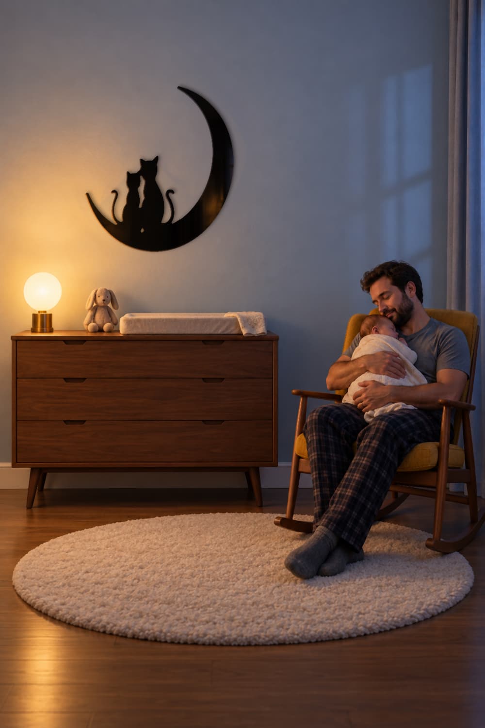 Gatos en la luna en habitación nocturna con padre y bebé en mecedora.