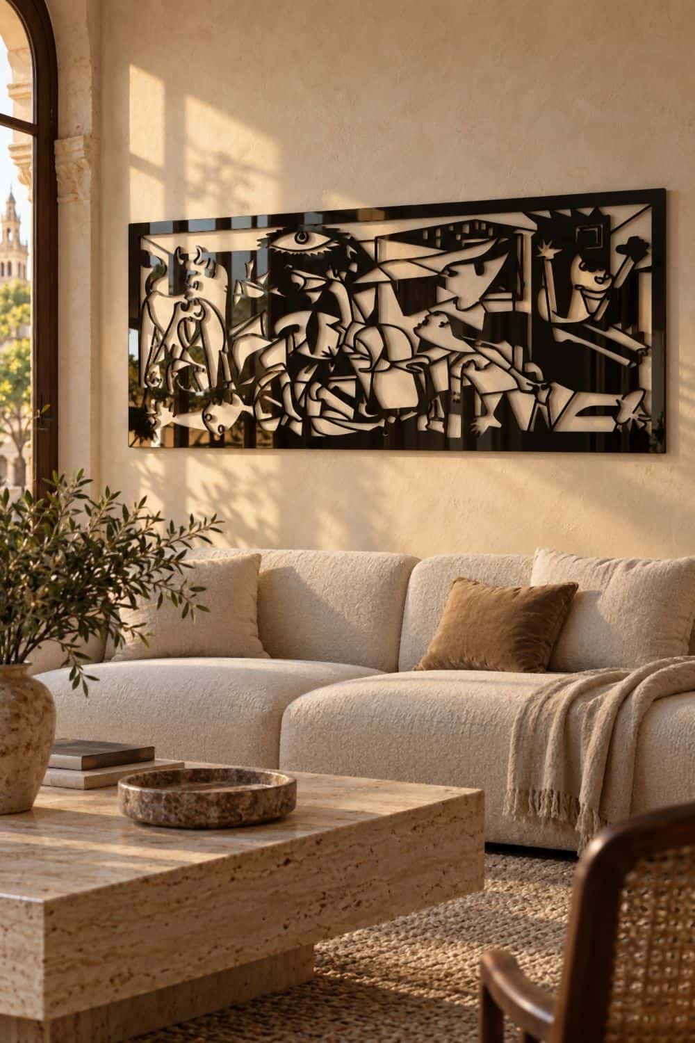 Cuadro El Guernica de Picasso en aluminio negro sobre un sofá con luz de atardecer