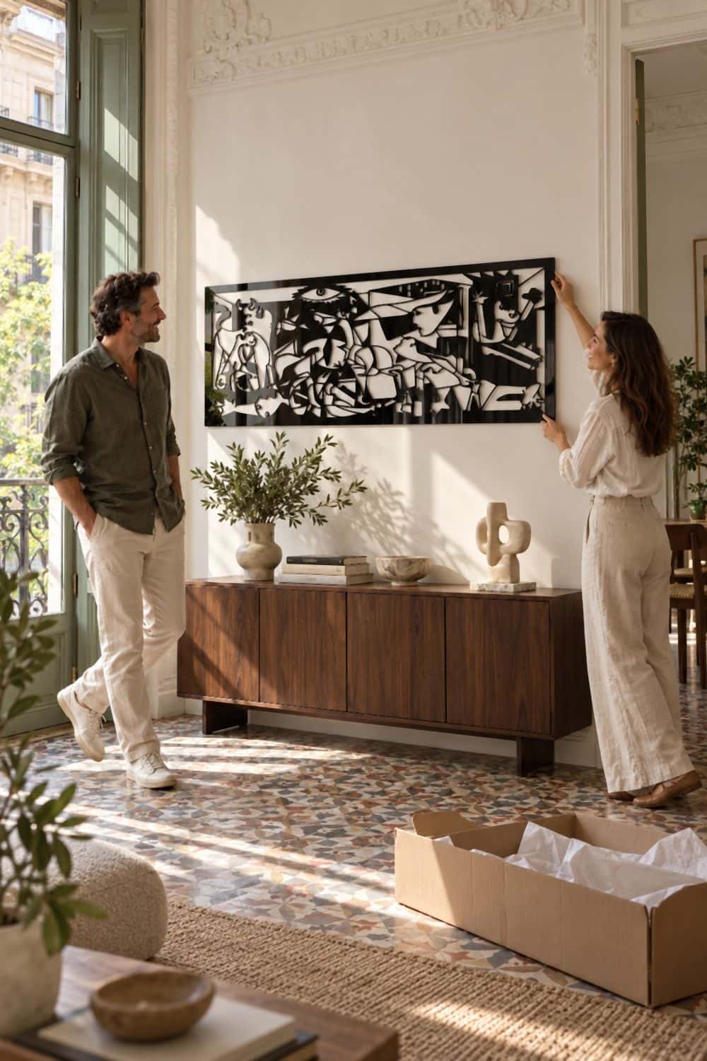 Pareja que acaba de colgar el cuadro del Guernica en aluminio en su salón