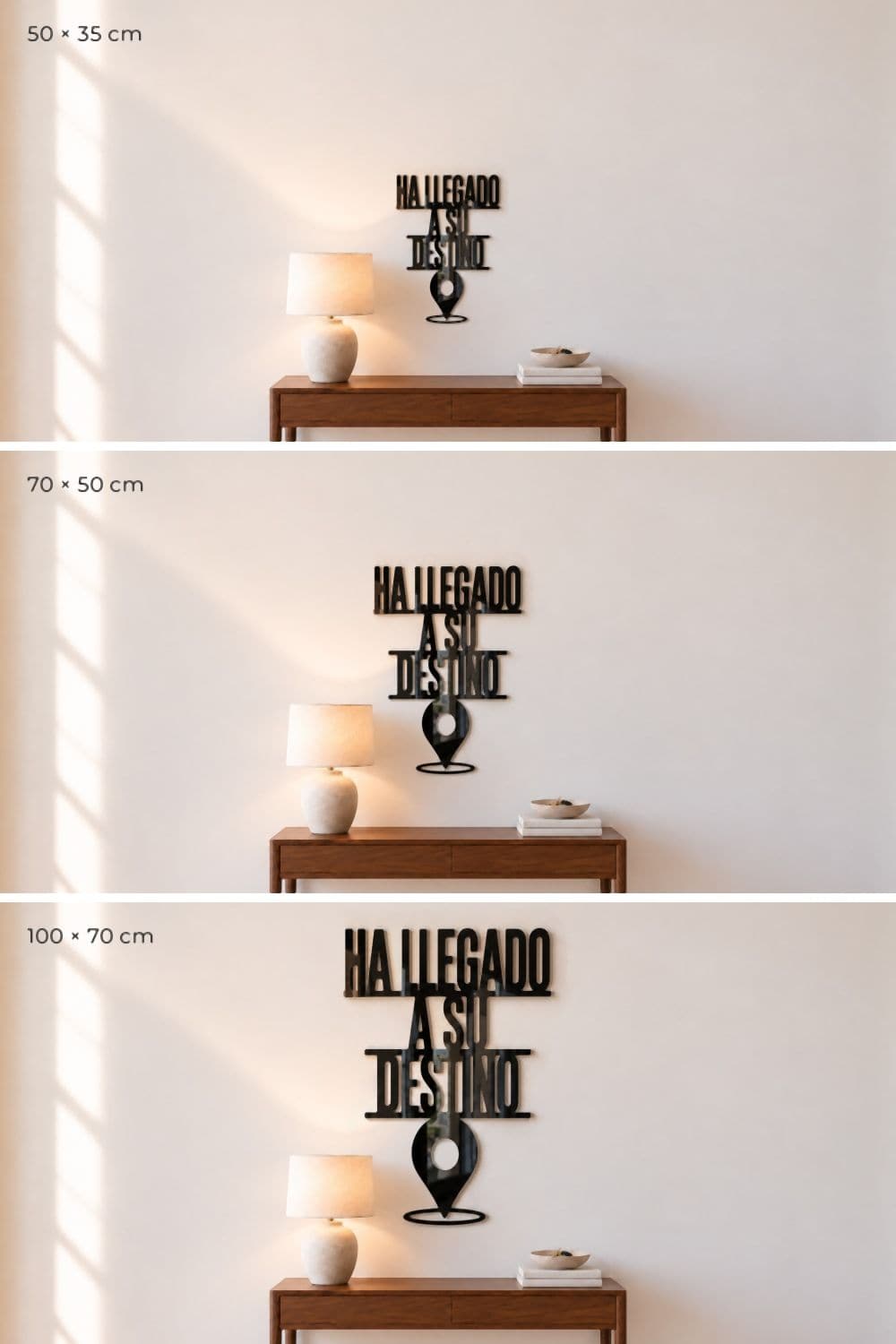 Medidas del cuadro Ha llegado a su destino: 50×35, 70×50 y 100×70 cm sobre la misma consola