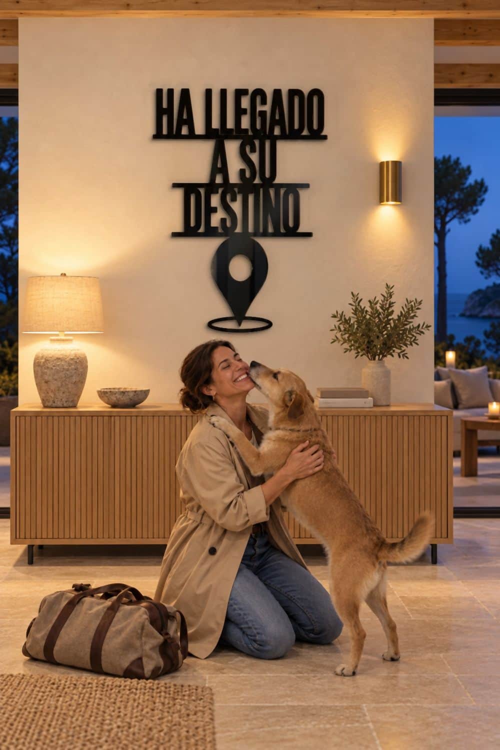 Vuelta a casa: mujer abrazando a su perro bajo el cuadro Ha llegado a su destino