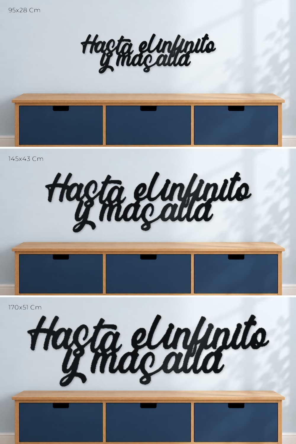Hasta el infinito y más allá · comparativa de medidas 95x28, 145x43 y 170x51 Cm