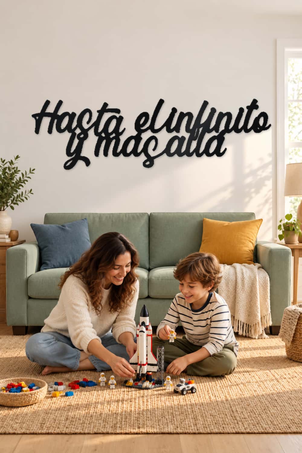 Hasta el infinito y más allá · madre e hijo jugando con una nave en salón luminoso