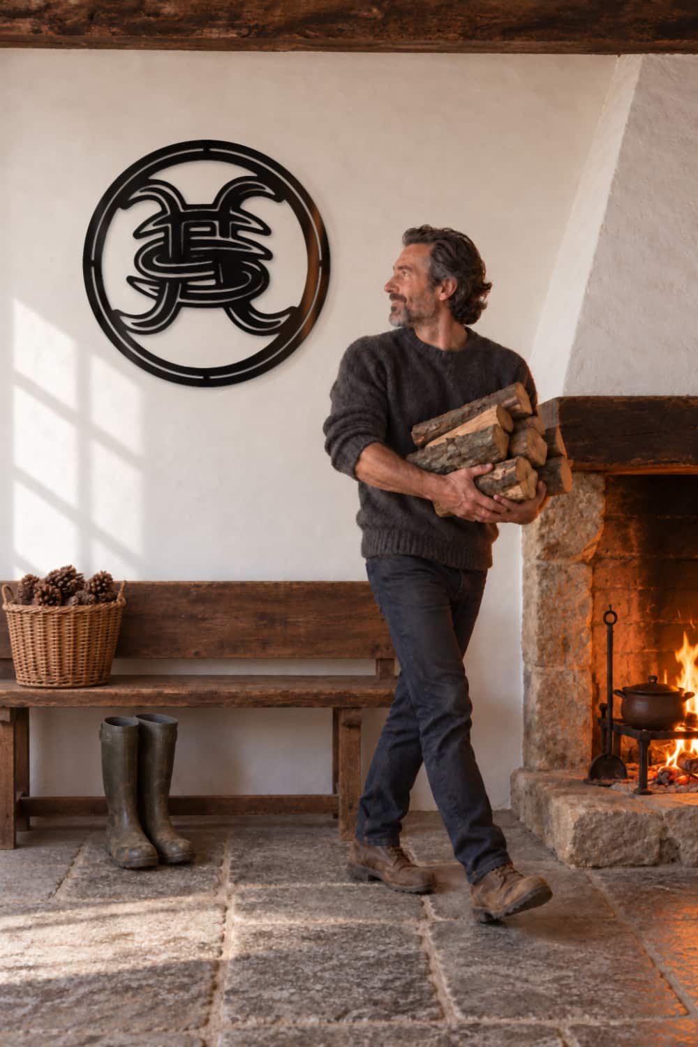 Héroes del Silencio junto a la chimenea, con un hombre llevando leña
