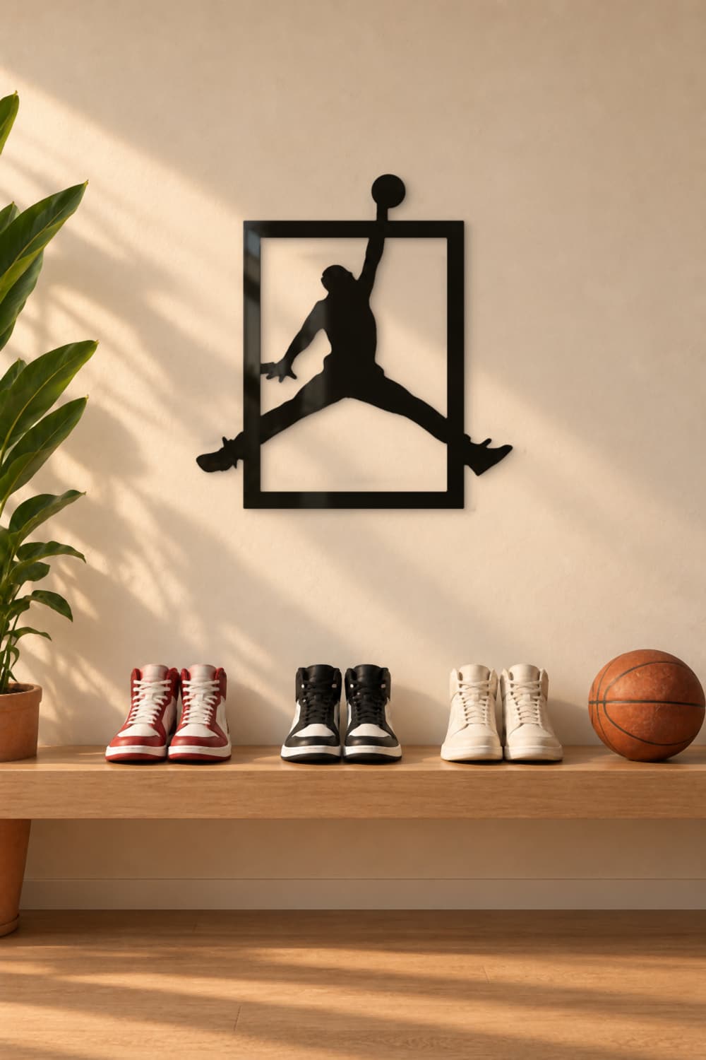 Cuadro Airness de aluminio negro sobre un banco de roble con zapatillas de baloncesto y un balón