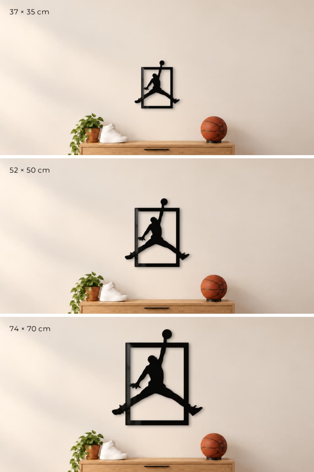 Medidas del cuadro Airness: 37x35, 52x50 y 74x70 cm sobre un mueble bajo de roble