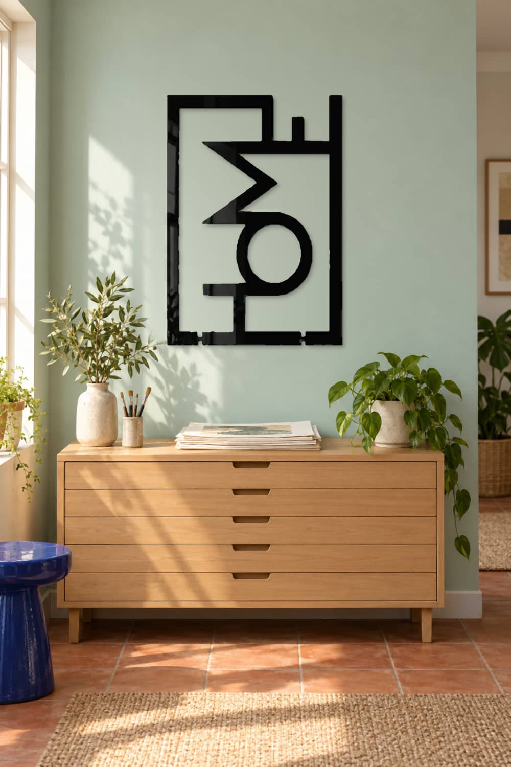 Home, cuadro de aluminio negro brillante en estudio creativo luminoso con plantas